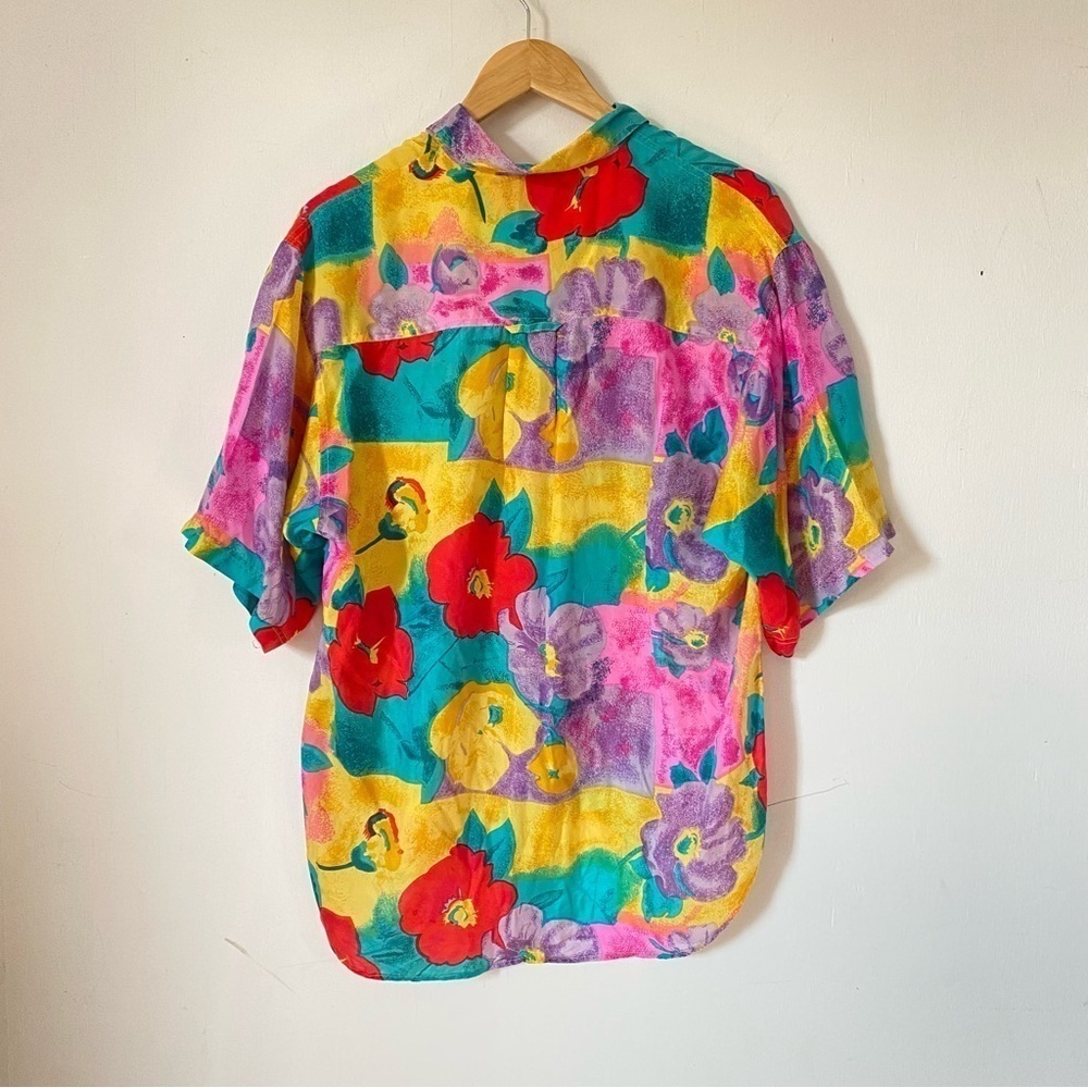 Vintage Silk Hawaiian Shirt Bold Colorful Floral 80s Pop Art‎ Take Away Medium - Picture 6 of 8